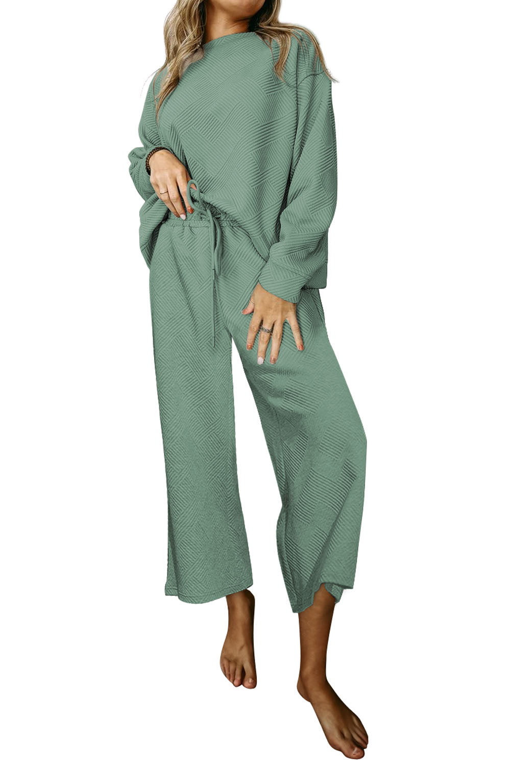 Dark Brown Textured Loose Slouchy Long Sleeve Top and Pants Set