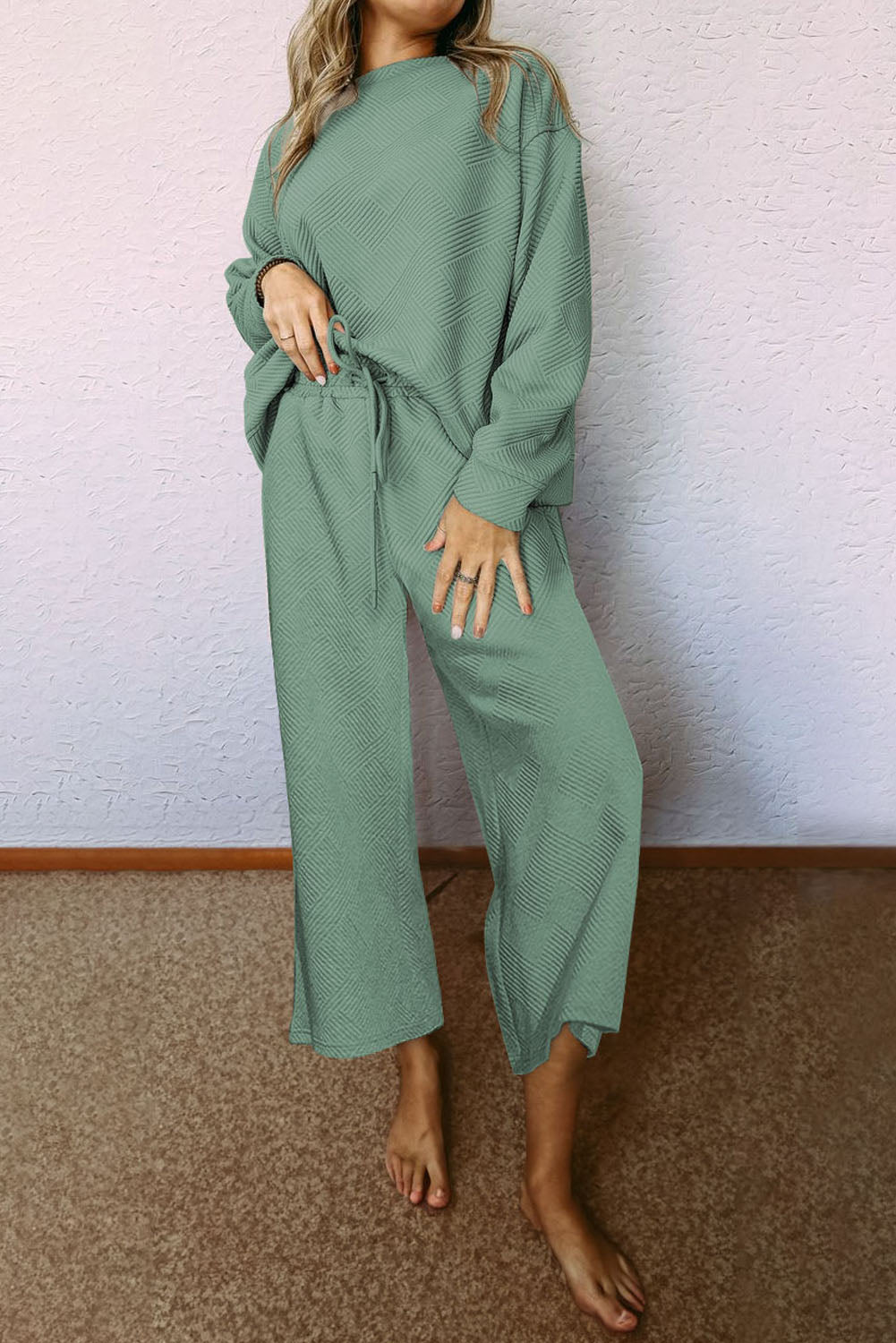 Dark Brown Textured Loose Slouchy Long Sleeve Top and Pants Set
