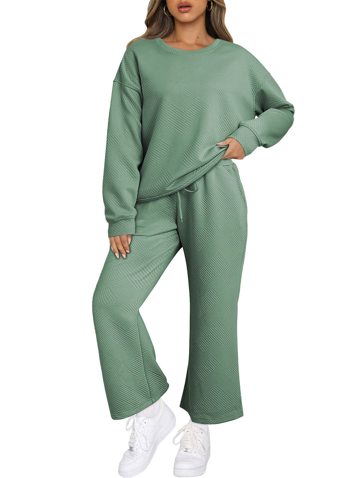 Dark Brown Textured Loose Slouchy Long Sleeve Top and Pants Set