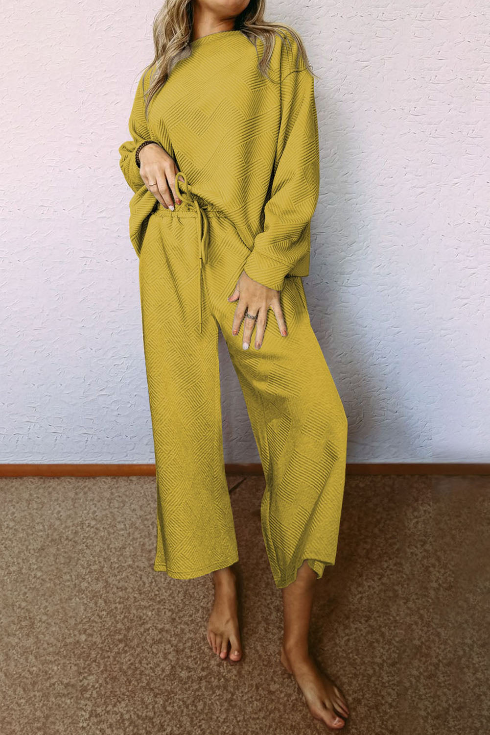 Dark Brown Textured Loose Slouchy Long Sleeve Top and Pants Set