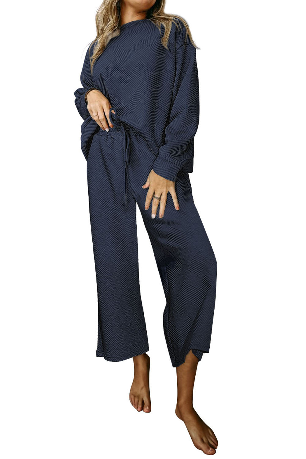 Dark Brown Textured Loose Slouchy Long Sleeve Top and Pants Set