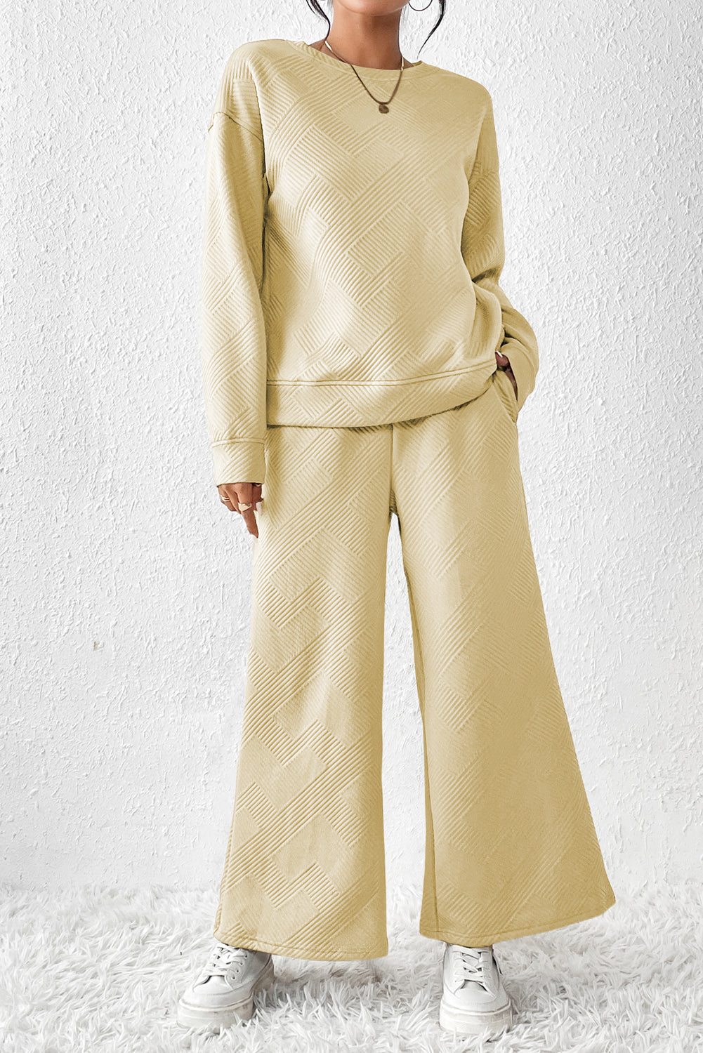 Dark Brown Textured Loose Slouchy Long Sleeve Top and Pants Set