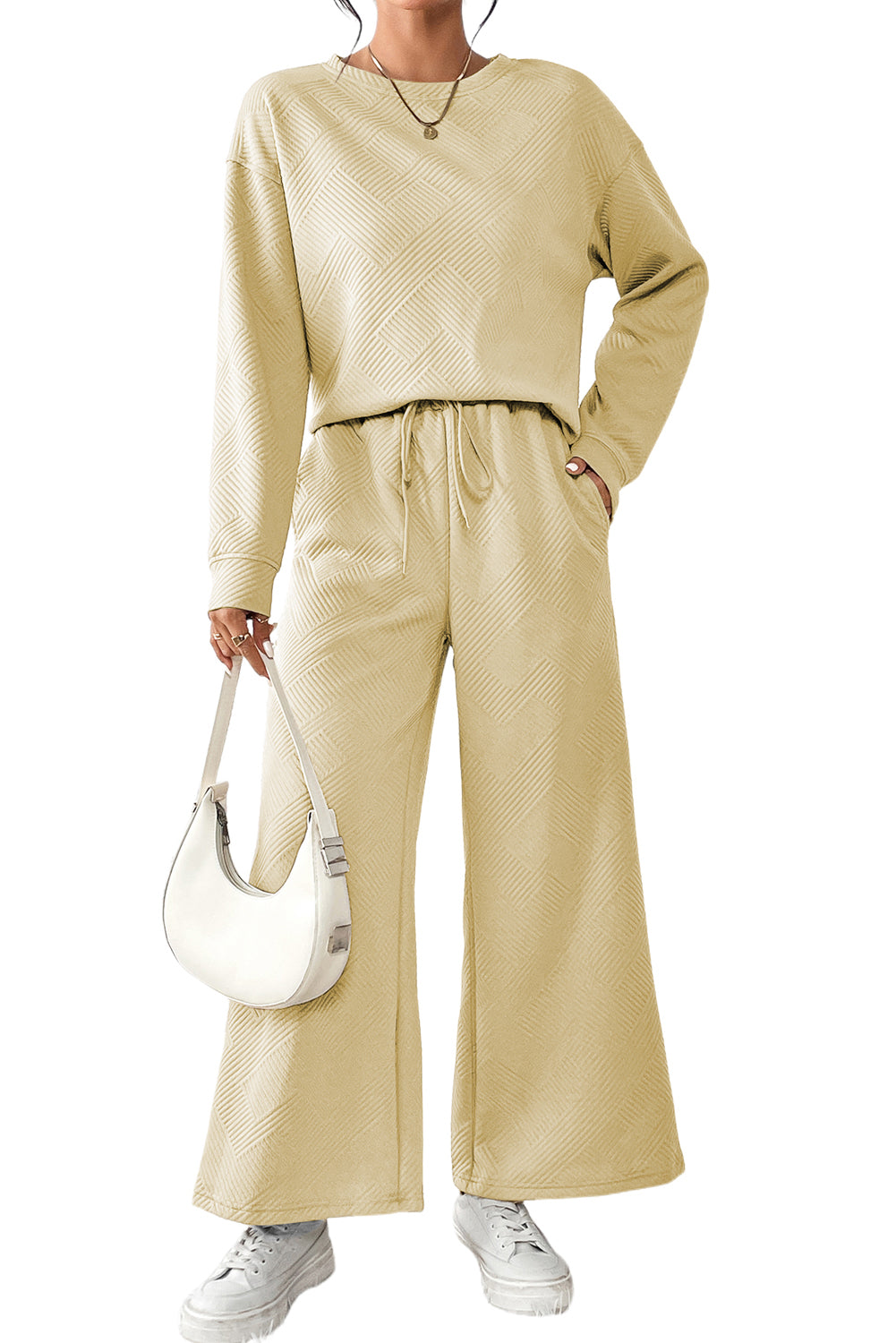 Dark Brown Textured Loose Slouchy Long Sleeve Top and Pants Set