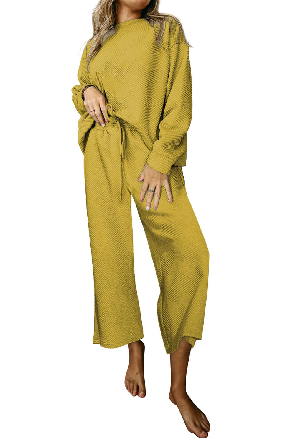 Dark Brown Textured Loose Slouchy Long Sleeve Top and Pants Set