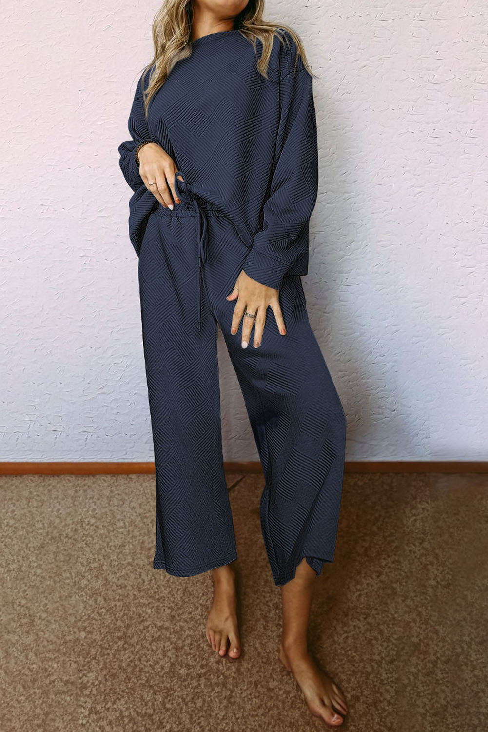 Dark Brown Textured Loose Slouchy Long Sleeve Top and Pants Set